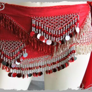 Hüfttuch in rot mit silbernen Perlen sowie Plättchen, Größe M