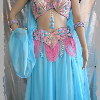 BH und Gürtel mit Rock und Schleier in hellblau-rosa und silber, Größe ?