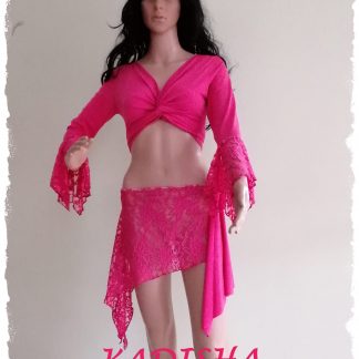 KOMBI Wickeltop und Hüftschmeichler, Mix aus Jersey und Spitze, pink, Größe XS