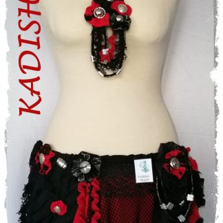 UNIKAT Gürtel mit Zubehör 3-tlg. in schwarz/rot, für Tribal, Mittelalter, Bauchtanz, Modern Dance, Fantasie, Folklore, Größe M/L