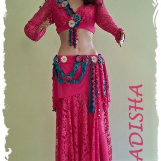 Tanz-Kostüm 6-teilig aus Jersey und Spitze für Modern Dance, Phantasie, Folklore und Bauchtanz, pink mit Akzenten in jadegrün, petrol und silber, Größe S