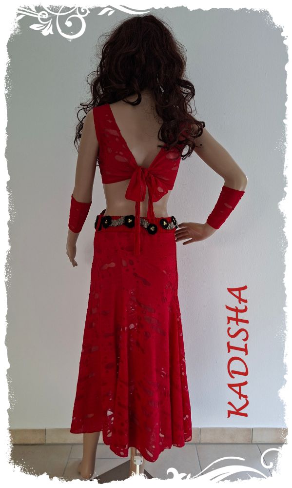 Tanz - Kostüm für Modern Dance, Tribal, Folklore, Phantasie und Bauchtanz aus Ausbrenner-Jersey 4- tlg. in tomatenrot mit schwarz/goldenen Akzenten, Größe S – Bild 2