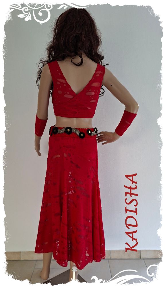Tanz - Kostüm für Modern Dance, Tribal, Folklore, Phantasie und Bauchtanz aus Ausbrenner-Jersey 4- tlg. in tomatenrot mit schwarz/goldenen Akzenten, Größe S – Bild 3