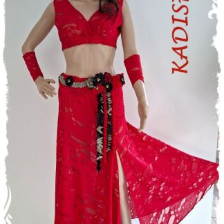 Tanz - Kostüm für Modern Dance, Tribal, Folklore, Phantasie und Bauchtanz aus Ausbrenner-Jersey 4- tlg. in tomatenrot mit schwarz/goldenen Akzenten, Größe S