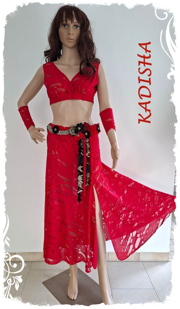 Tanz - Kostüm für Modern Dance, Tribal, Folklore, Phantasie und Bauchtanz aus Ausbrenner-Jersey 4- tlg. in tomatenrot mit schwarz/goldenen Akzenten, Größe S