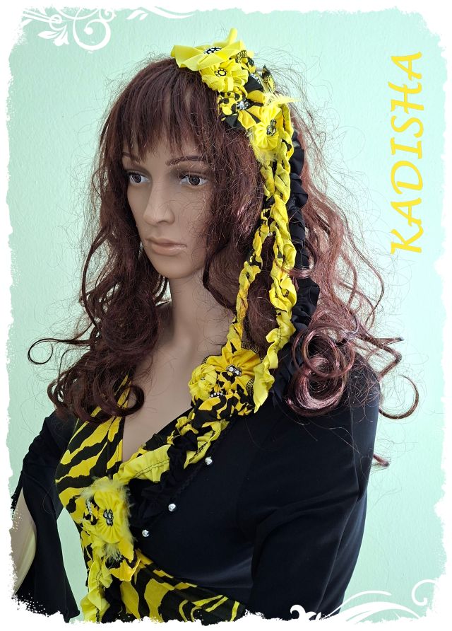 Tanz - Kostüm 6-tlg.- UNIKAT für Tribal Fusion, Bauchtanz, Modern Dance, Phantasie und Foklore - Blumenröckchen und Wickeloberteil schwarz/gelb 6-tlg., Größe M – Bild 3