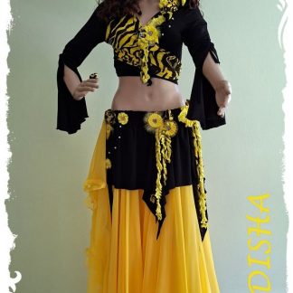 Tanz - Kostüm 6-tlg.- UNIKAT für Tribal Fusion, Bauchtanz, Modern Dance, Phantasie und Foklore - Blumenröckchen und Wickeloberteil schwarz/gelb 6-tlg., Größe M