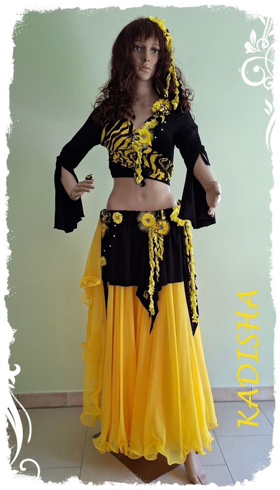 Tanz - Kostüm 6-tlg.- UNIKAT für Tribal Fusion, Bauchtanz, Modern Dance, Phantasie und Foklore - Blumenröckchen und Wickeloberteil schwarz/gelb 6-tlg., Größe M