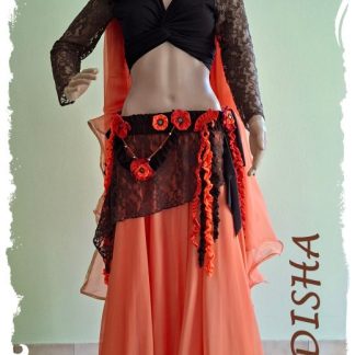 Tanz-Kostüm 5 teilig in den Farben braun und orange, Mix aus Jersey, Spitze und Pearl-Chiffon, Größe M