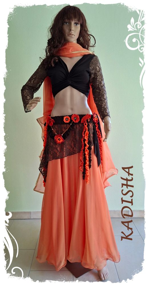 Tanz-Kostüm 5 teilig in den Farben braun und orange, Mix aus Jersey, Spitze und Pearl-Chiffon, Größe M
