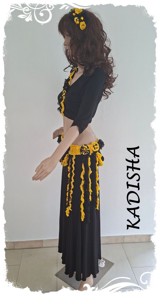 Tanz-Kostüm 5-teilig aus Jersey in schwarz mit schwarz/gelben Schmuck, Größe S – Bild 2