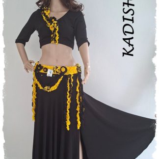 Tanz-Kostüm 5-teilig aus Jersey in schwarz mit schwarz/gelben Schmuck, Größe S
