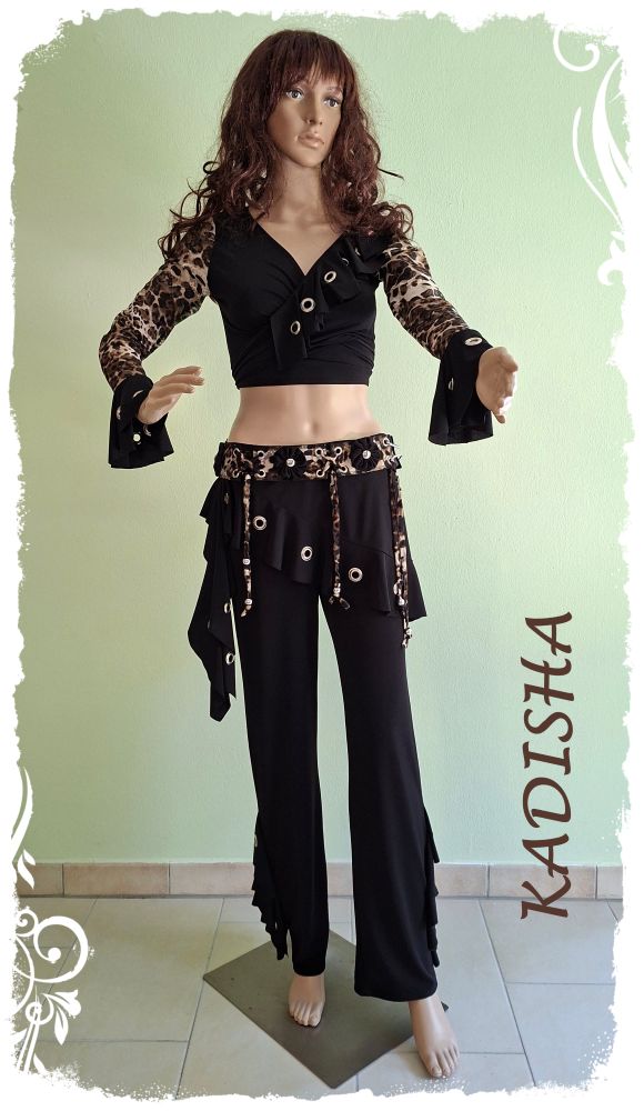 Tanz-Outfit Modern-Dance 4-teilig aus Jersey und Spitze im Leo-Print mit Ösen, Größe M