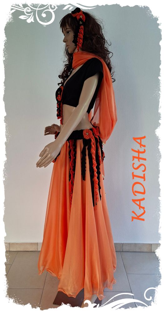 Tanz-Kostüm 6 teilig, Farbe schwarz und orange, Mix aus Jersey und Pearl-Chiffon, Größe M – Bild 2