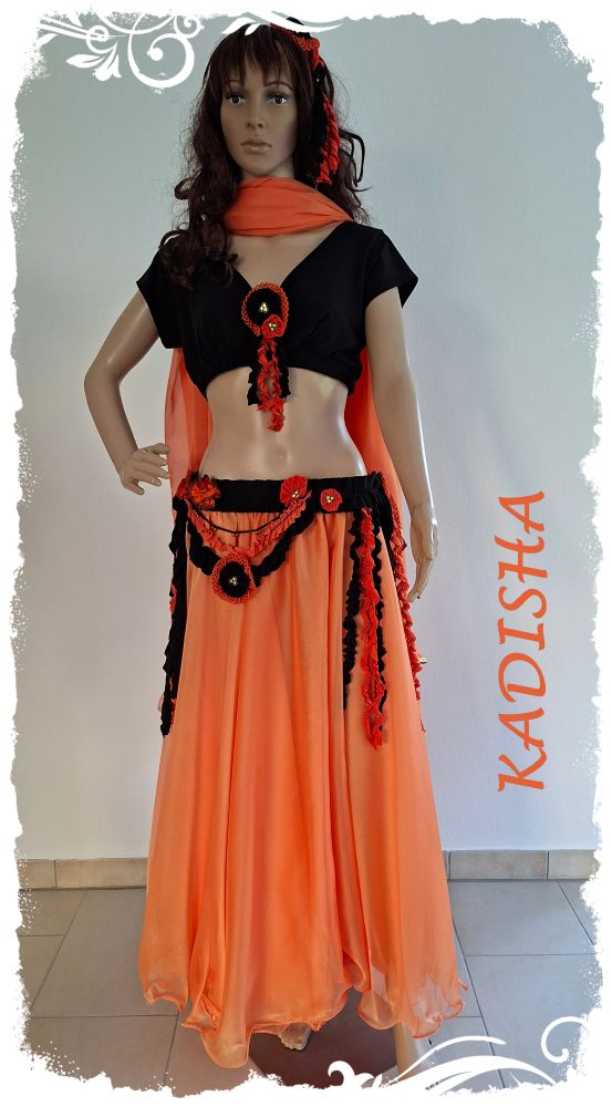 Tanz-Kostüm 6 teilig, Farbe schwarz und orange, Mix aus Jersey und Pearl-Chiffon, Größe M