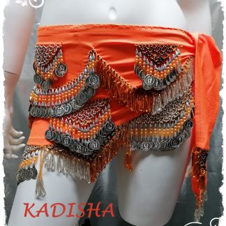 Hüfttuch in Neonfarbe orange mit silbernen Münzen, Größe M