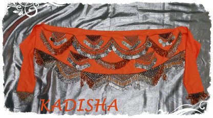 Hüfttuch in Neonfarbe orange mit silbernen Münzen, Größe M – Bild 2