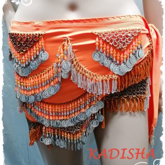 Hüfttuch in neon-orange mit silbernen Münzen und neon-orangen Perlen, Größe S