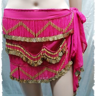 Hüfttuch in pink mit goldenen Münzen, goldenen und pinkfarbenen Perlen, Größe M