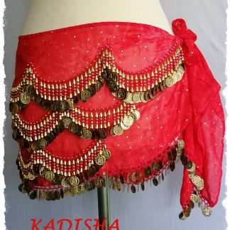 Hüfttuch in rot aus marmoriertem Chiffon mit goldenen Münzen und Perlen, Größe L