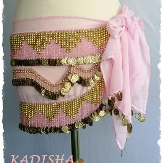 Hüfttuch in zartem rosa mit goldenen Münzen und rosafarbenen Perlen, Größe S