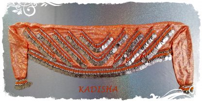Hüfttuch Holo-Lycra in orange mit silbernen Münzen und farbigen Perlen, Größe M – Bild 2
