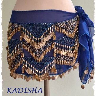 Hüfttuch aus Chiffon in blau mit goldenen Münzen und Perlen, Größe XL