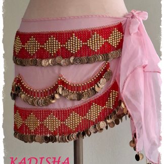 Hüfttuch aus Chiffon in rosa, gemixt mit roten Perlen und goldenen Münzen, Größe M