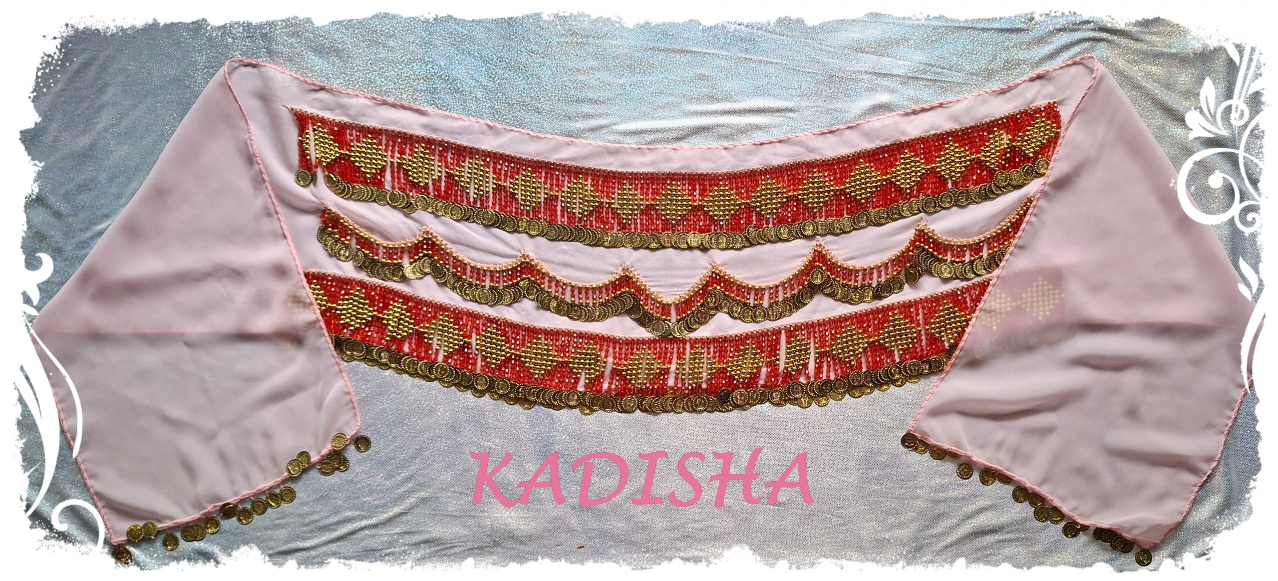 Hüfttuch aus Chiffon in rosa, gemixt mit roten Perlen und goldenen Münzen, Größe M – Bild 2