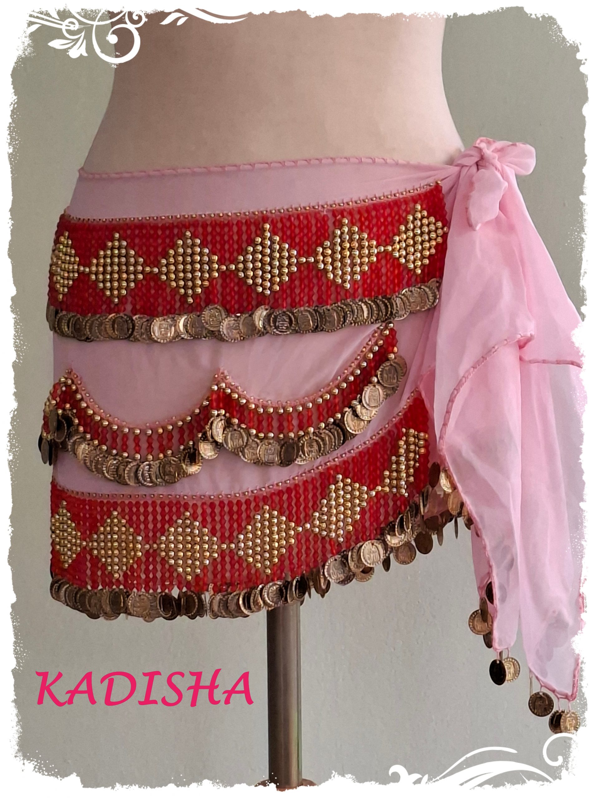 Hüfttuch aus Chiffon in rosa, gemixt mit roten Perlen und goldenen Münzen, Größe M