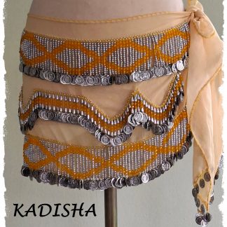 Hüfttuch aus Chiffon in hellem gelb mit silbernen Münzen, Größe M