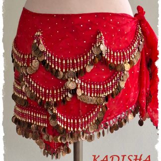 Hüfttuch aus marmoriertem Chiffon in rot mit goldenen Münzen, Größe L