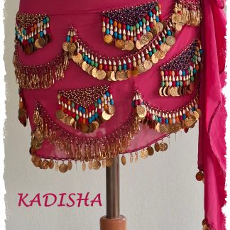 Hüfttuch aus Chiffon in dunklem Rosa mit bunten und goldenen Perlen, Größe M