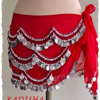 Hüfttuch aus Chiffon in rot mit silbernen Münzen, Größe M