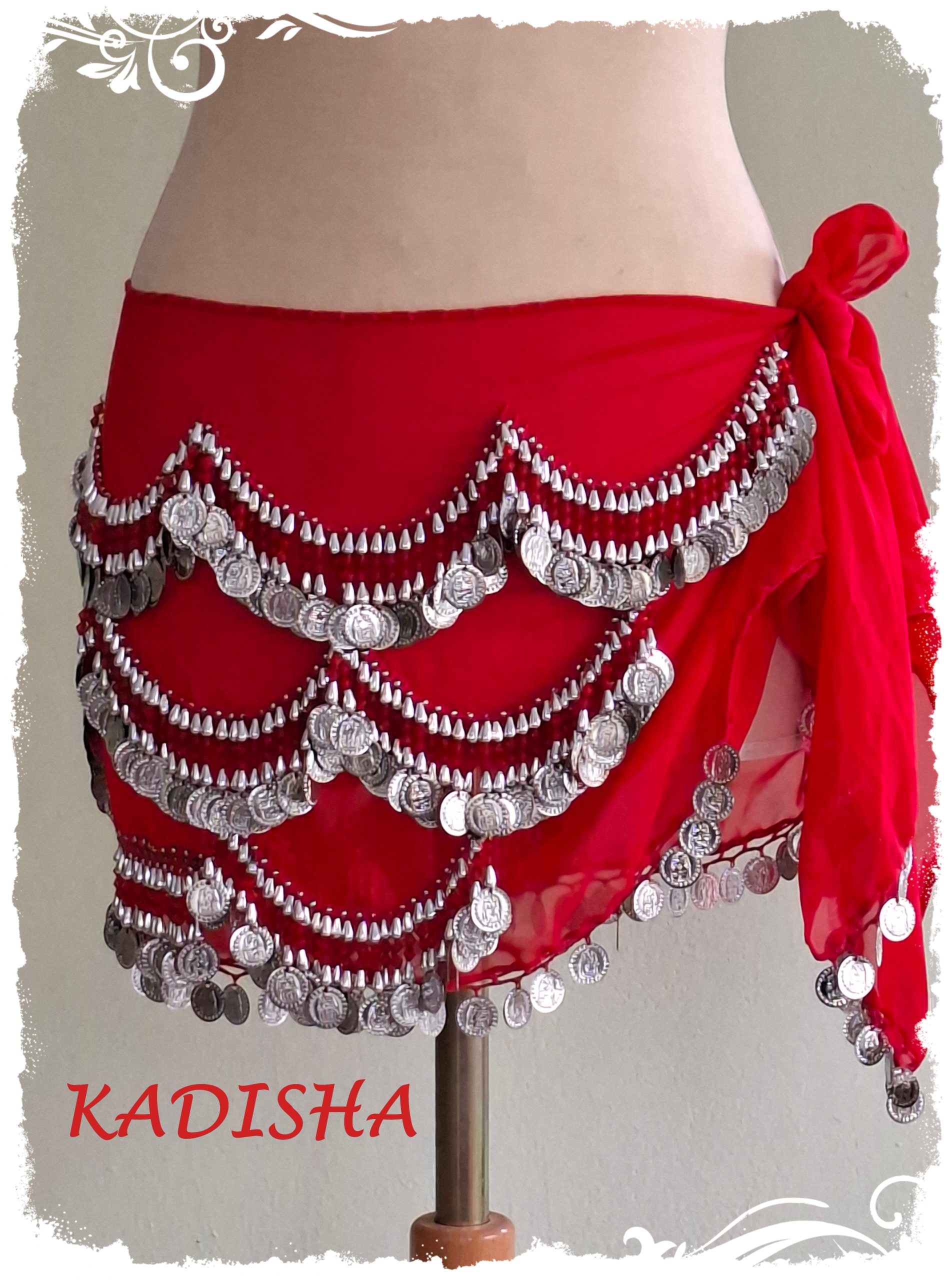 Hüfttuch aus Chiffon in rot mit silbernen Münzen, Größe M