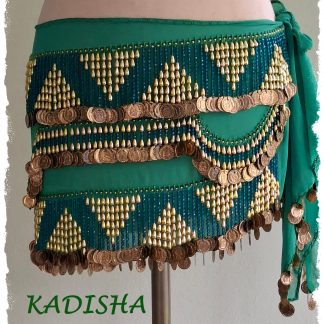 Hüfttuch in grün mit goldenen Münzen und farbigen Perlen, Größe L