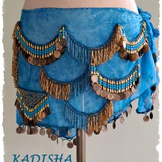 Hüfttuch aus marmoriertem Chiffon in türkis mit goldenen Münzen; Größe XL