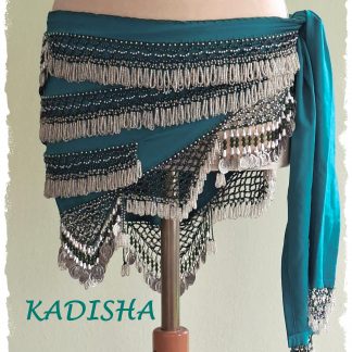Hüfttuch in petrol mit silbernen Perlen und Münzen, Größe XXL