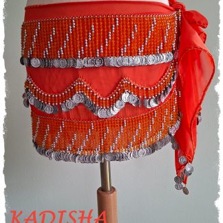 Hüfttuch in orange aus Chiffon mit silbernen Münzen, Größe M