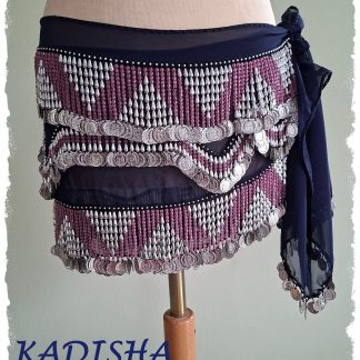 Hüfttuch in nachtblau aus Chiffon mit silbernen Münzen, Größe M