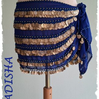 Hüfttuch aus Chiffon in dunkelblau, mit goldenen Perlen und goldenen Münzen, Größe L