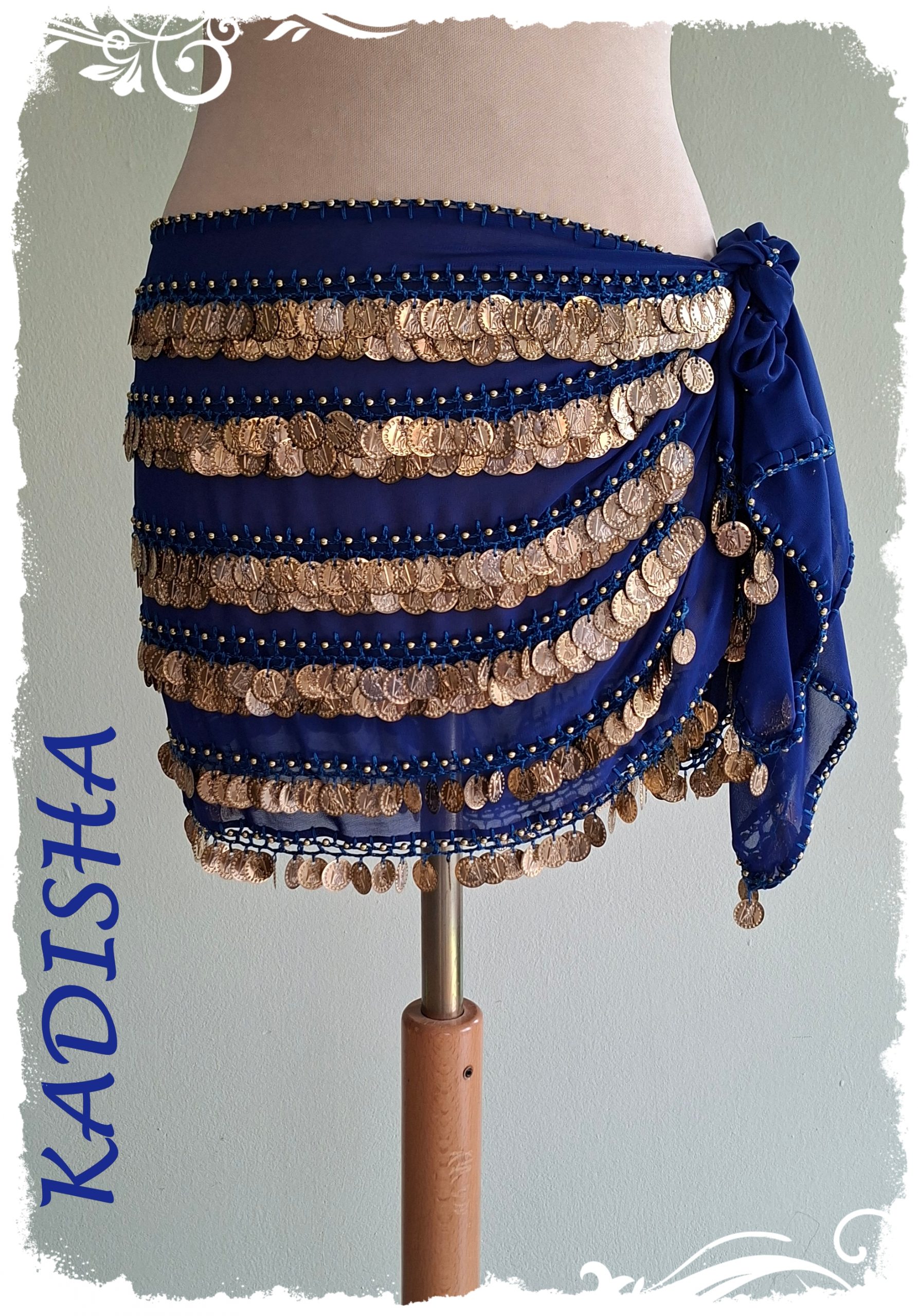 Hüfttuch aus Chiffon in dunkelblau, mit goldenen Perlen und goldenen Münzen, Größe L