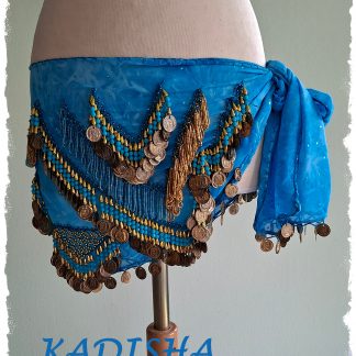 Hüfttuch in türkis aus marmoriertem Chiffon mit silbernen Münzen und irisierenden Perlen, Größe M