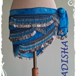 Hüfttuch in türkis aus marmoriertem Chiffon mit silbernen Münzen und irisierenden Perlen, Größe XL