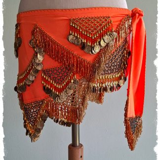 Hüfttuch aus Lycra in neon-orange mit goldenen Münzen, orangen und goldenen Perlen, Größe L