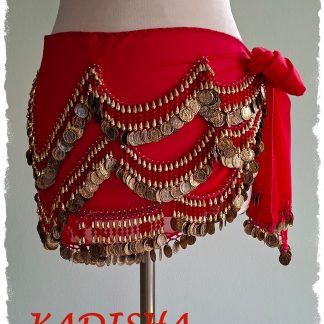Hüfttuch in rot mit goldenen Münzen und roten Perlen, Größe M