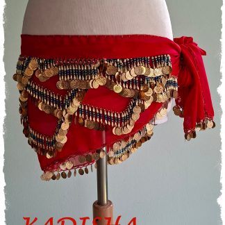 Hüfttuch in rot mit goldenen Münzen und blau irisierenden Perlen, Größe L