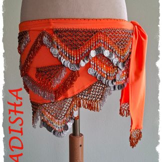 Hüfttuch aus Lycra in neon-orange mit silbernen Münzen und neon-orangen Perlen, Größe M
