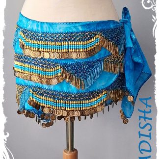 Hüfttuch aus marmoriertem Chiffon in türkis mit goldenen Münzen; Größe XL