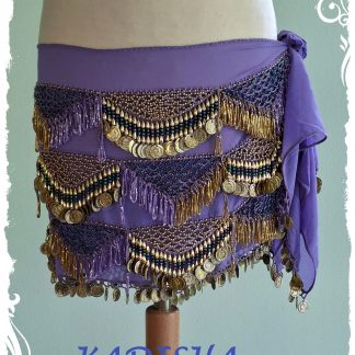Hüfttuch aus Chiffon in flieder, mit goldenen und irisierenden Perlen und goldenen Münzen, Größe XL